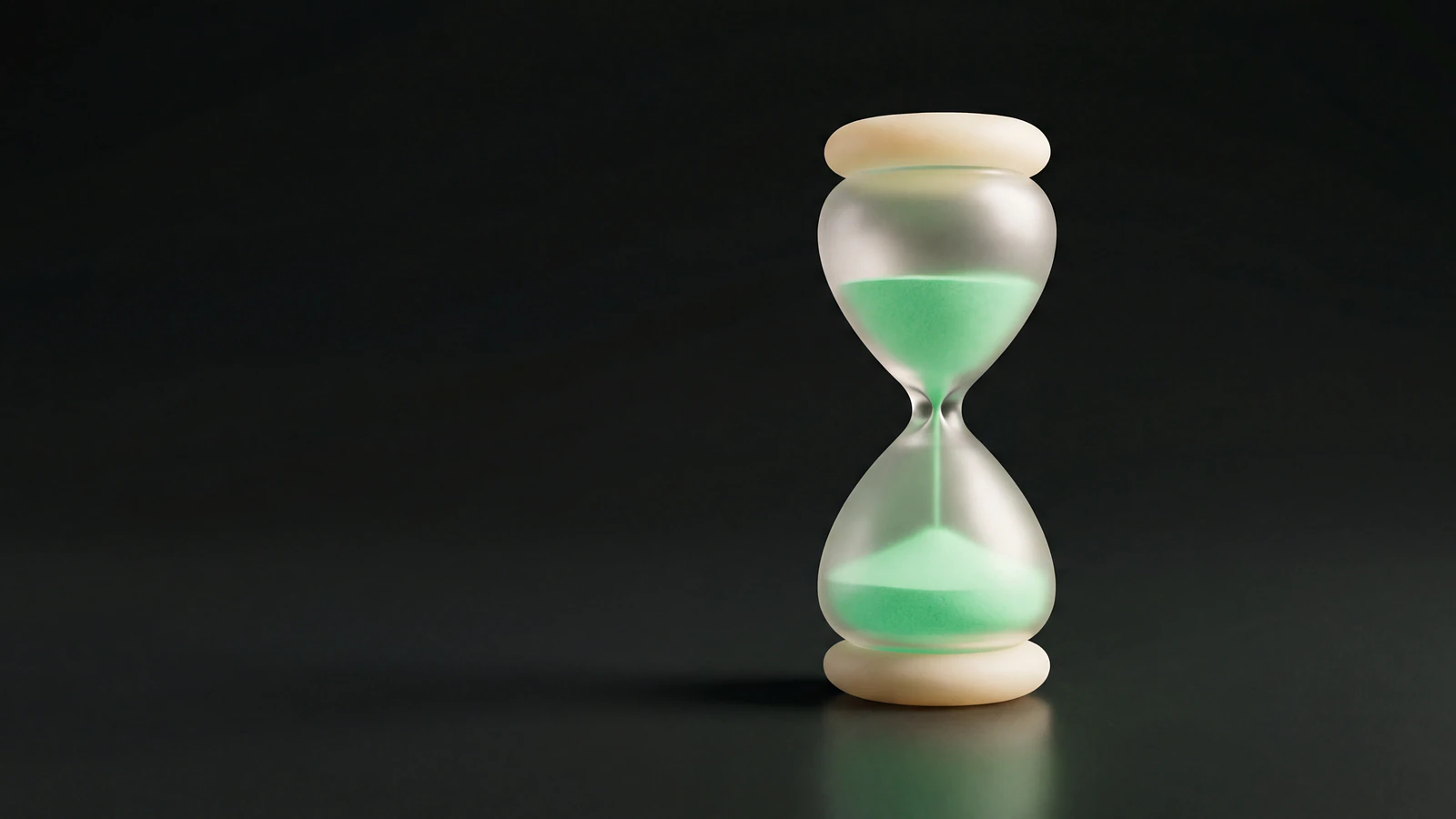 A frosted-glass hourglass with bright green liquid-glass sand mostly settled, capturing how quickly cold outreach replies decay after the first send.