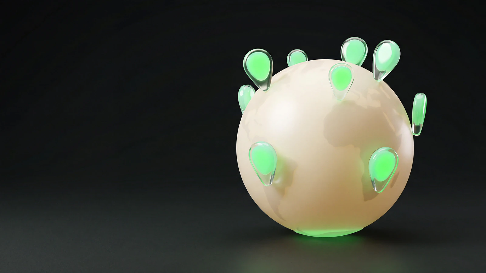 A frosted opal-glass globe studded with signal-green liquid-glass location pins of different heights on a dark studio backdrop, showing how creator outreach reply rates vary by country.