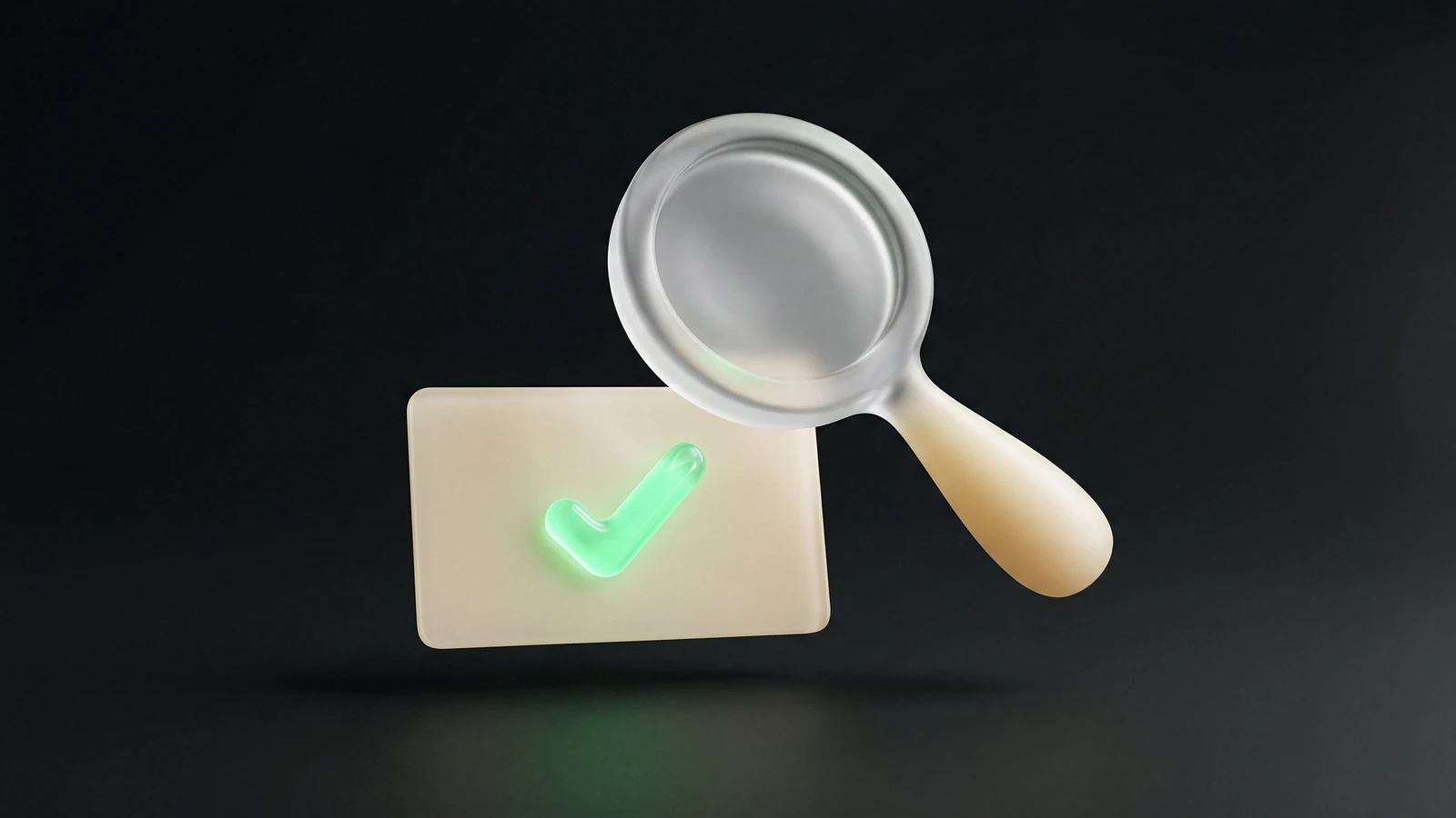 A frosted-glass magnifying glass hovering over an opal-glass contact card with a green liquid-glass check mark, representing verifying a creator email address before outreach.