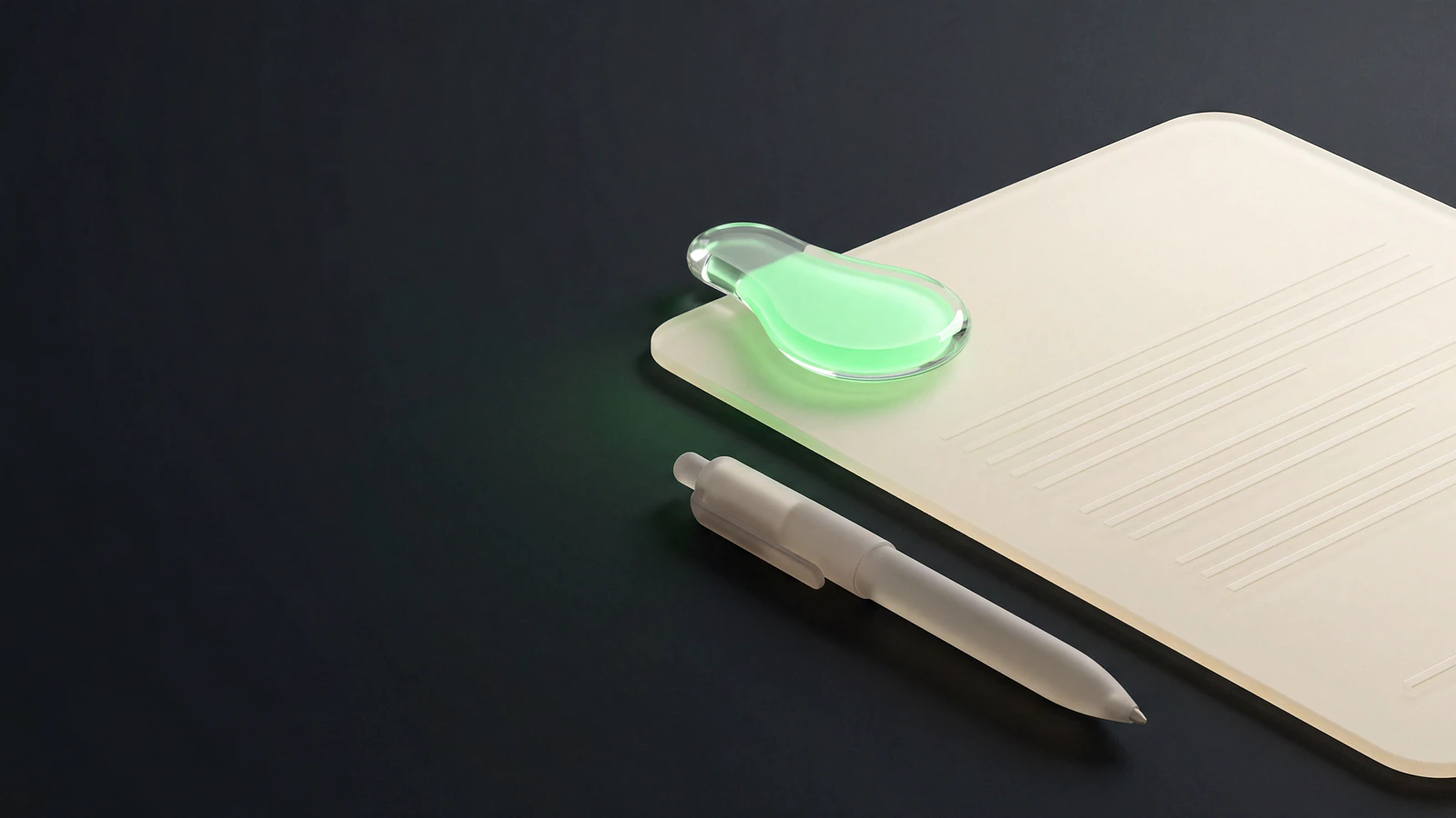 A frosted opal-glass contract sheet with a smoked-glass pen and a green liquid-glass paper clip on a dark studio backdrop, representing an influencer contract template covering rates, rights, and payment.