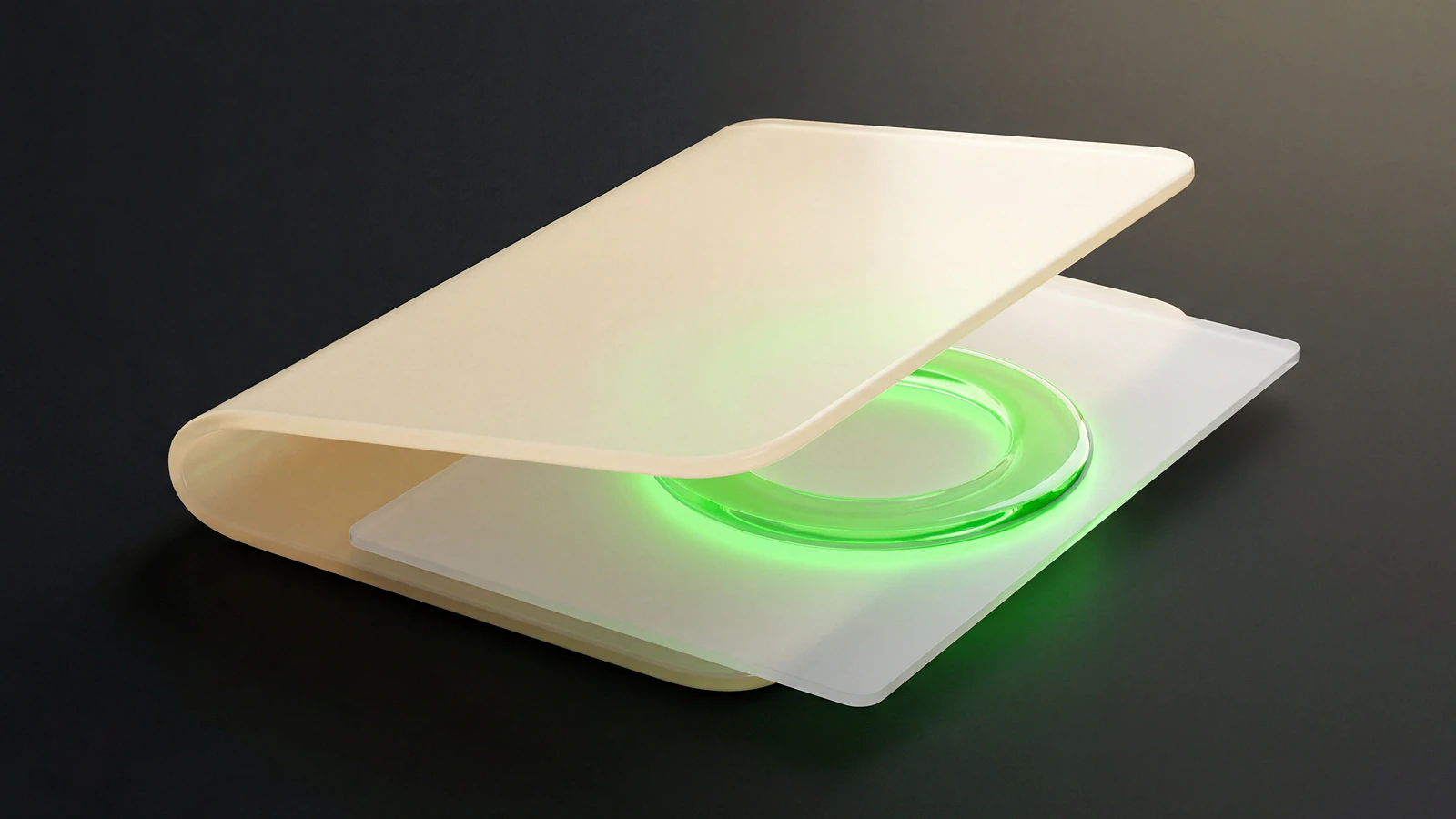A frosted opal-glass report folder with a marked page pulled partway out on a dark studio backdrop, representing influencer marketing reporting KPIs that shape the next campaign brief.