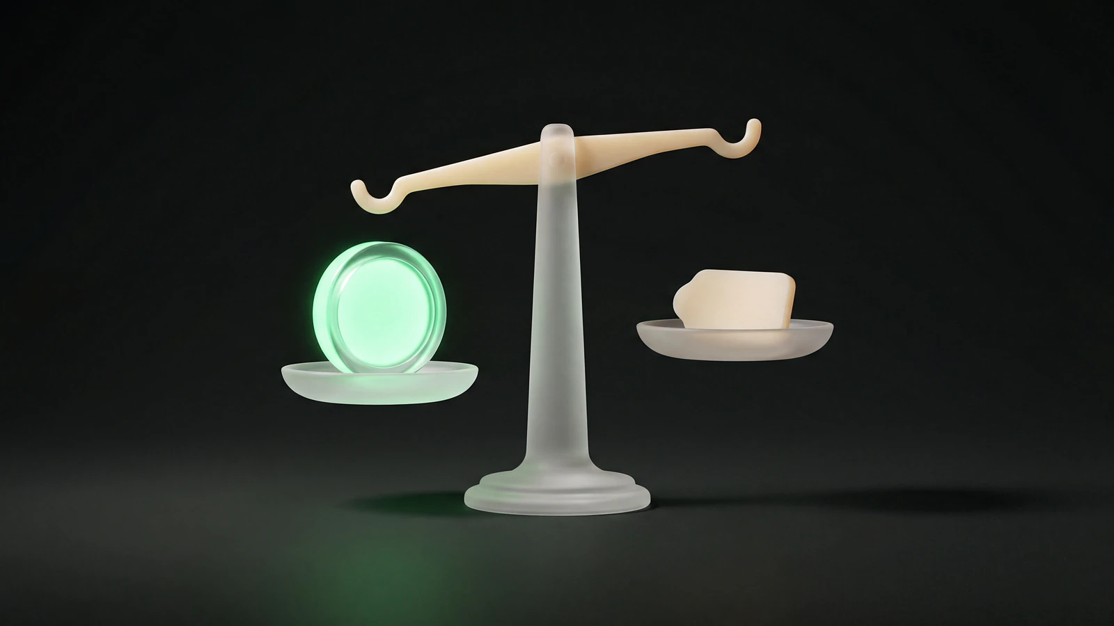 A frosted-glass balance scale weighing a green liquid-glass coin against a small opal-glass value tag, representing the influencer marketing ROI calculation for creator campaigns.