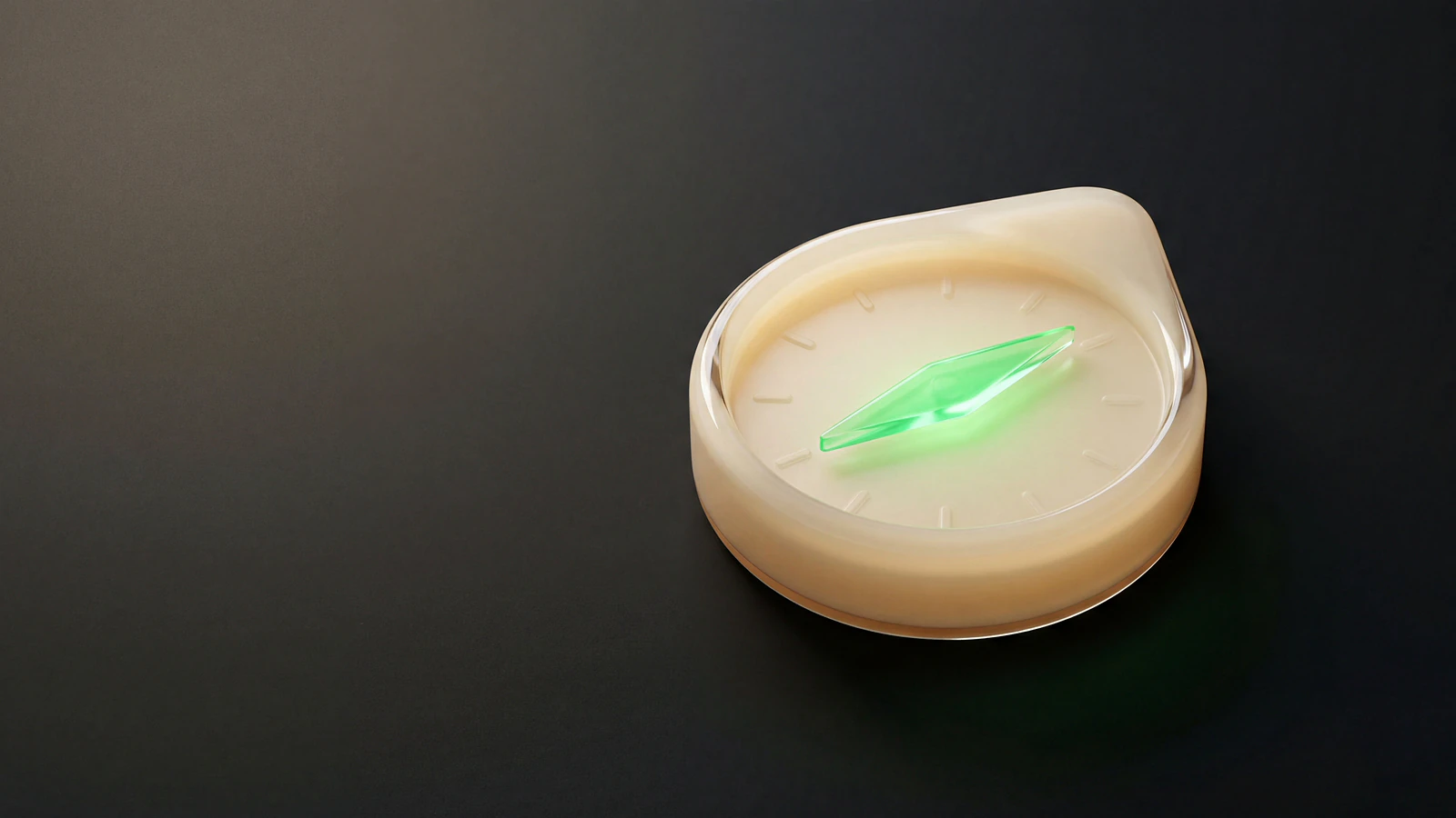 A compass with a frosted opal-glass dial and a signal-green liquid-glass needle on a dark studio backdrop, representing influencer marketing strategy that starts with choosing the right creator market.