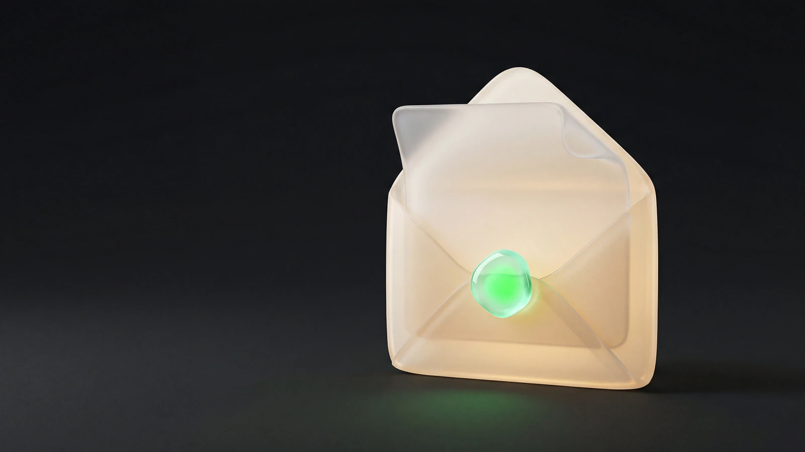 A frosted opal-glass envelope with a folded letter and a small green liquid-glass seal dot, representing a ready-to-send influencer outreach email template.