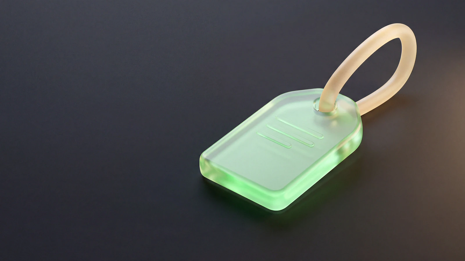 An oversized signal-green liquid-glass price tag with an opal-glass cord loop on a dark studio backdrop, representing influencer rate card benchmarks by platform and deliverable.