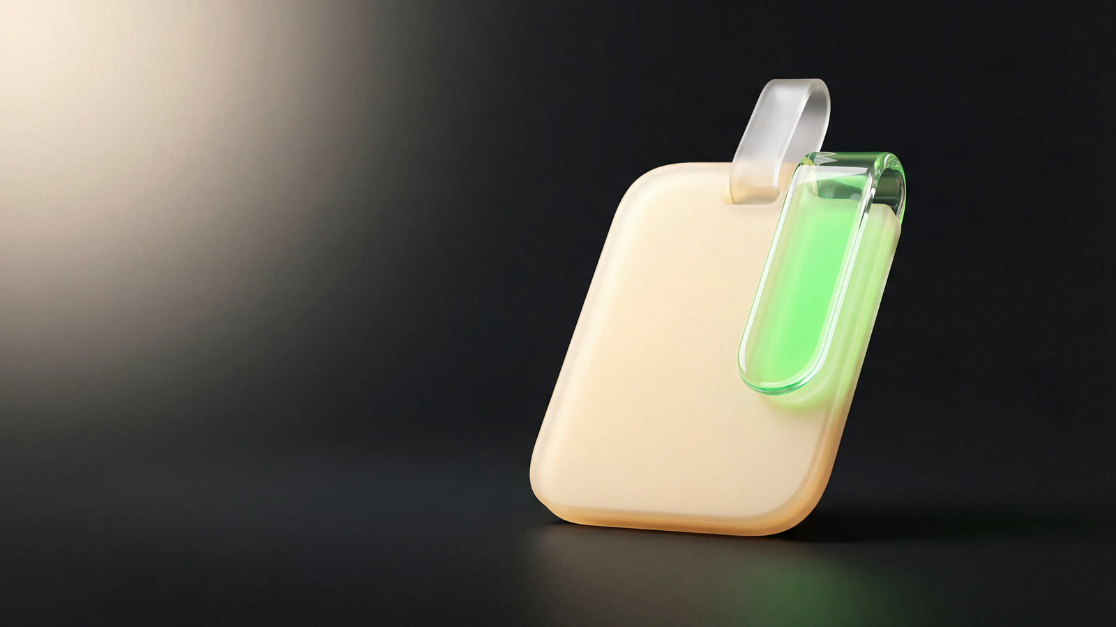A frosted opal-glass access pass with a signal-green liquid-glass clip and lanyard, representing influencer whitelisting as defined creator permission for paid usage and Spark Ads.