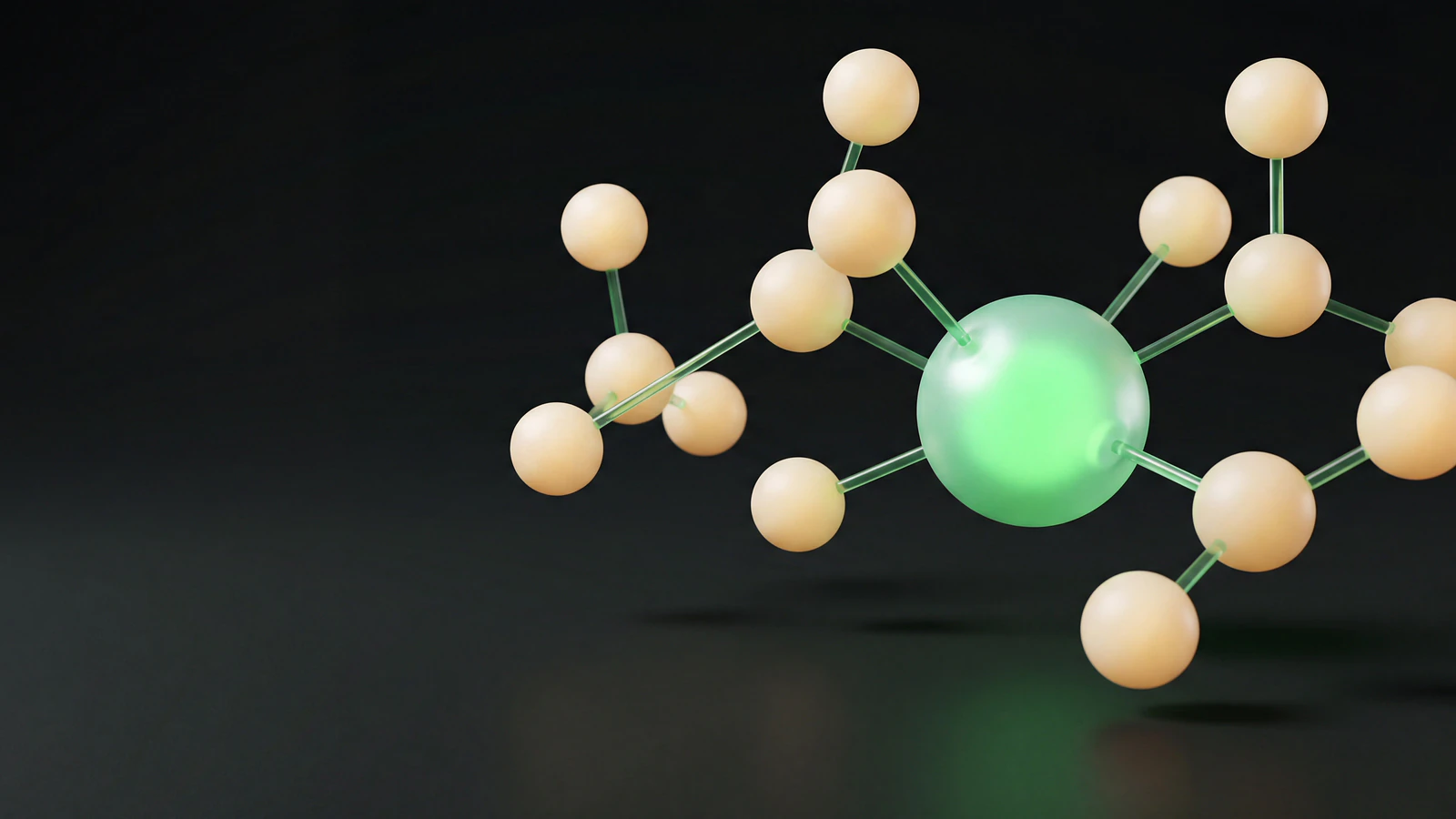 A constellation of small frosted opal-glass spheres linked by green glass rods around one signal-green hub, representing micro-influencer marketing run as a coordinated operations system.