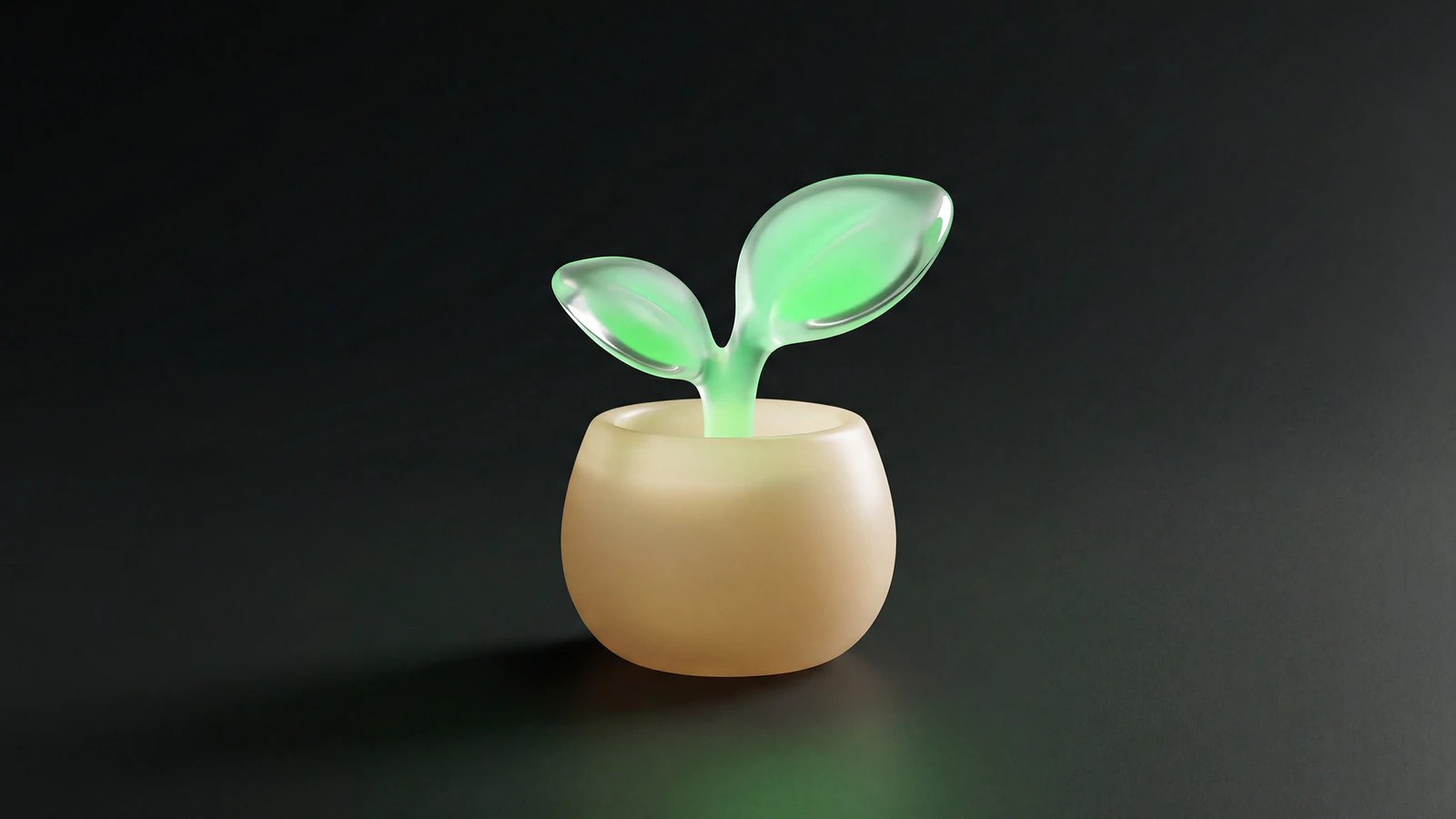 A tiny green liquid-glass sprout in a small frosted opal-glass pot surrounded by dark open space, representing when small nano creators are worth the coordination cost.