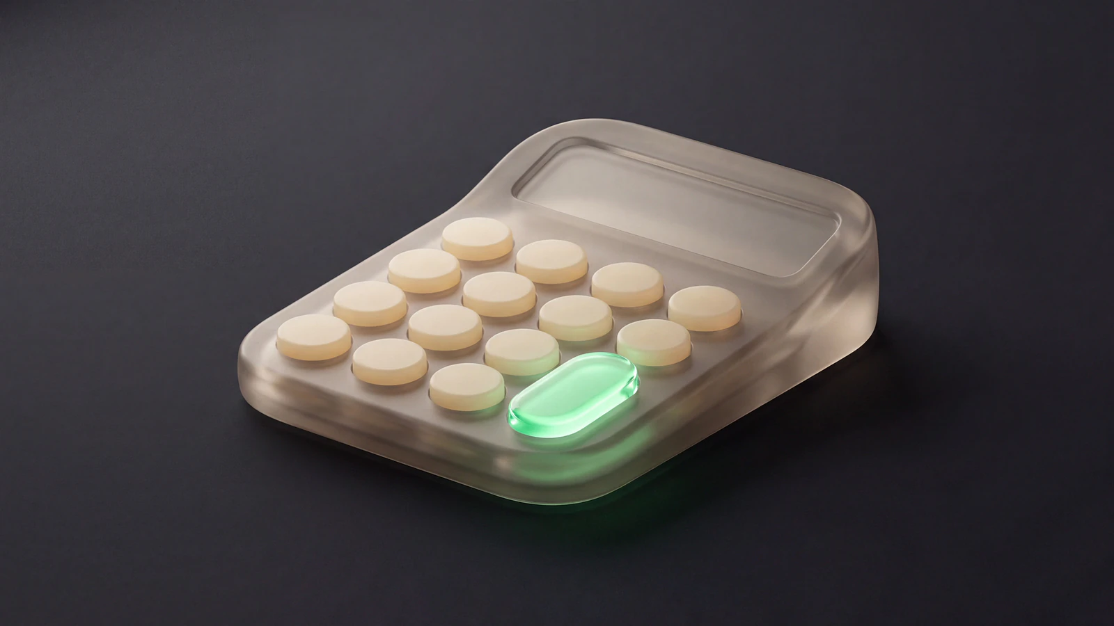A smoked frosted-glass calculator with opal-glass buttons and one green liquid-glass key, representing calculating TikTok engagement rate for creator campaigns.