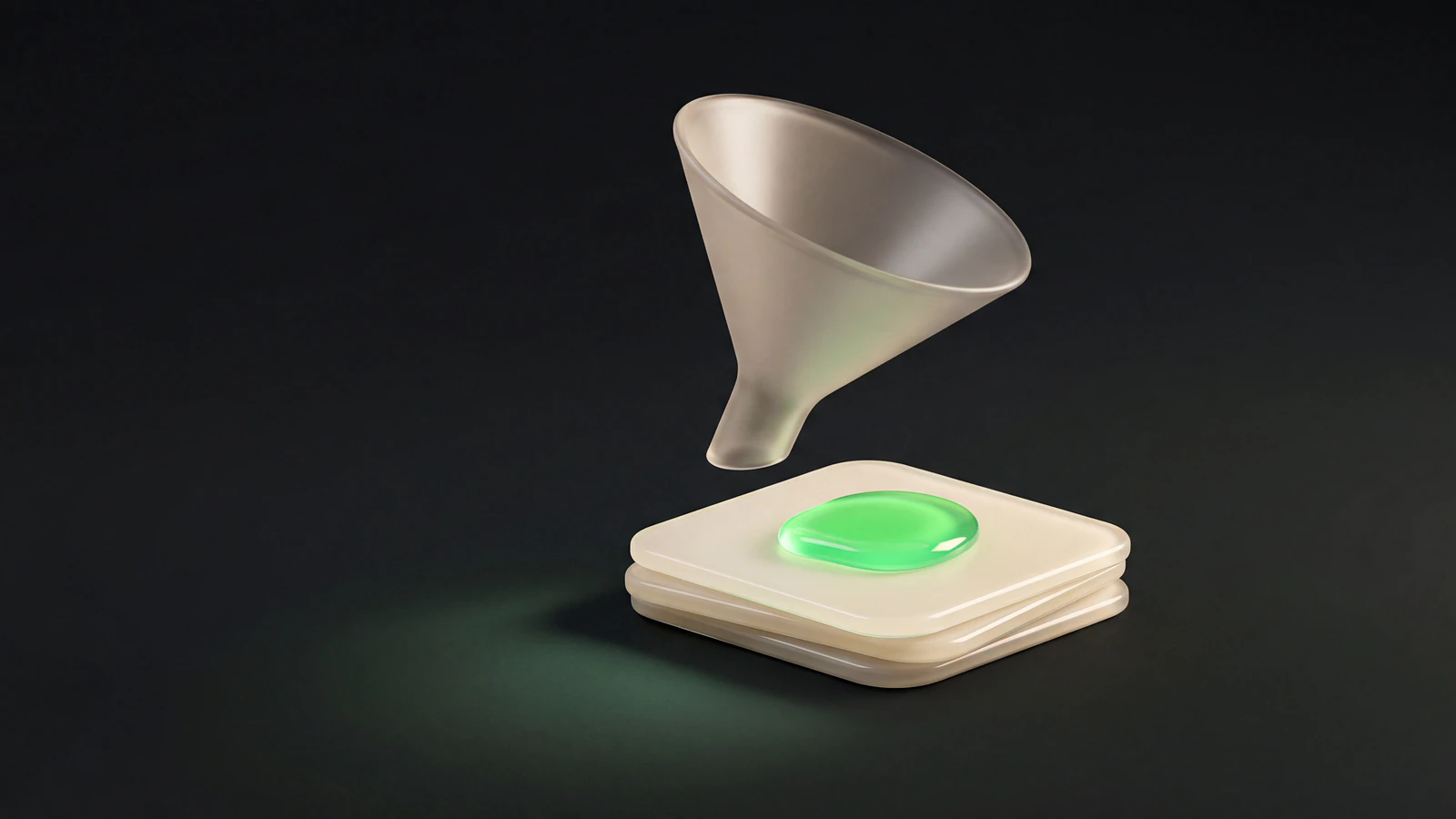 A smoked-glass selection funnel over a small stack of frosted opal-glass candidate cards with one green mark, representing how to vet and choose a TikTok influencer marketing agency.