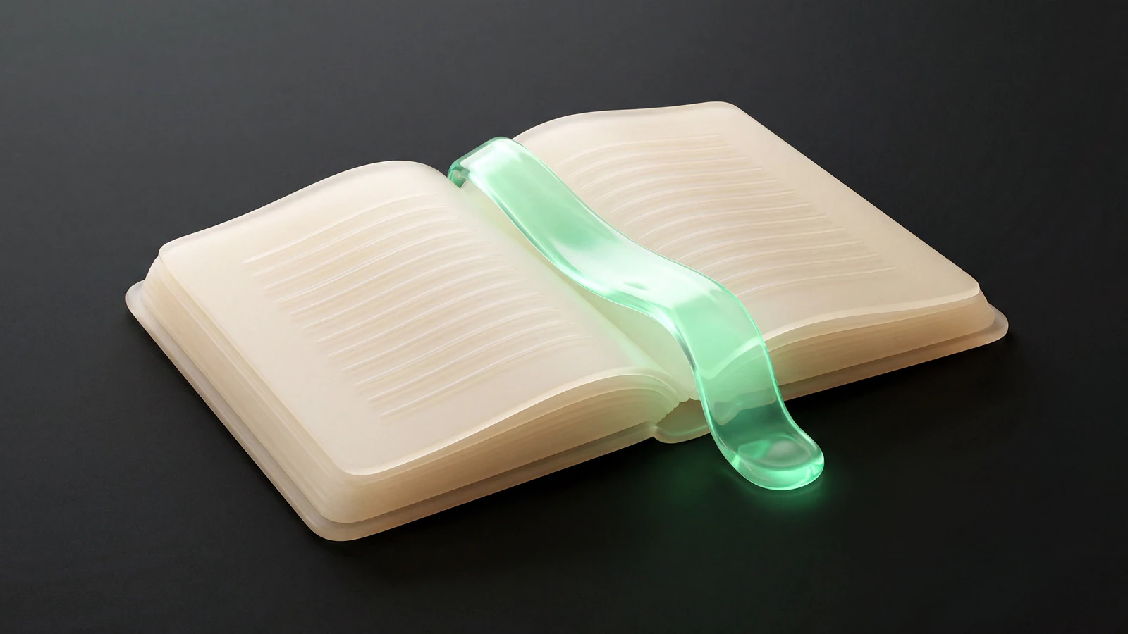 An open frosted opal-glass notebook with a green liquid-glass ribbon bookmark on a dark studio backdrop, representing the UniSong Creator Studio blog as a written record of creator marketing operations.
