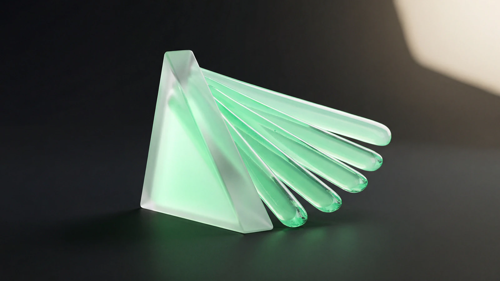 A frosted-glass prism fanning into a spread of green liquid-glass ribbon bands, representing AIGC turning one brief into many AI-generated content variations.