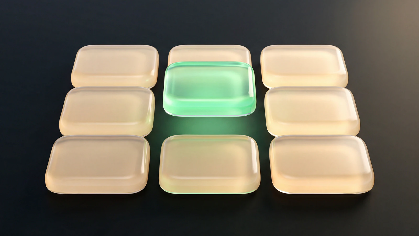 A three-by-three grid of frosted opal-glass tiles with one raised signal-green liquid-glass tile, representing an account matrix of coordinated owned social accounts.