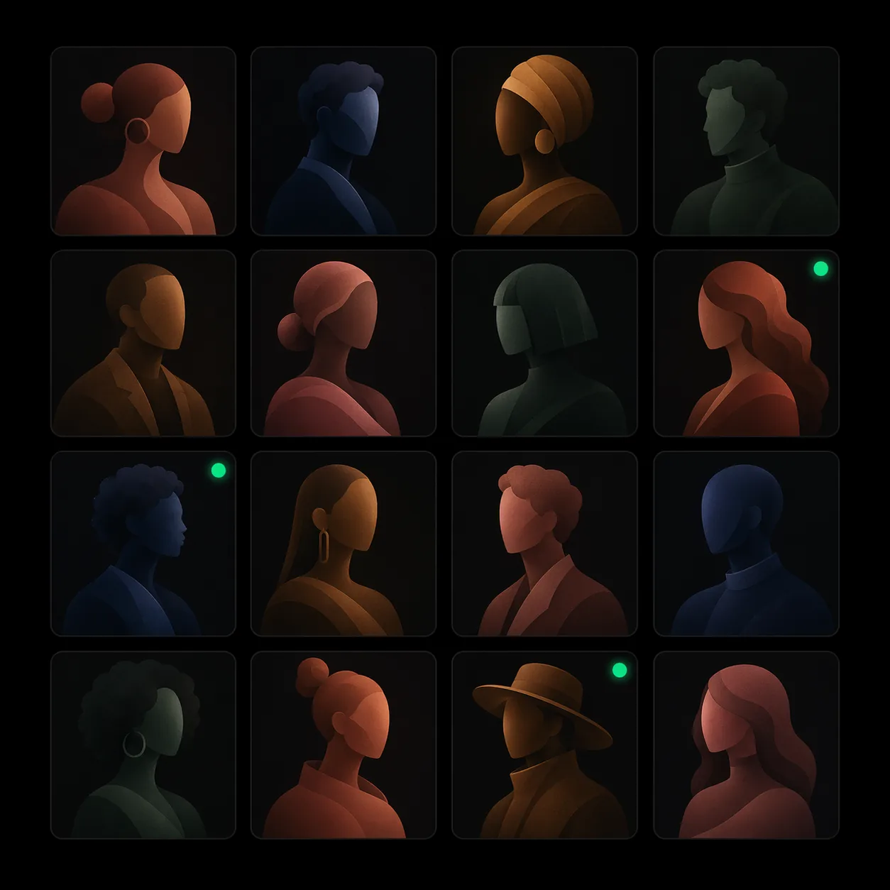 A grid of stylized creator profile cards representing a curated global roster