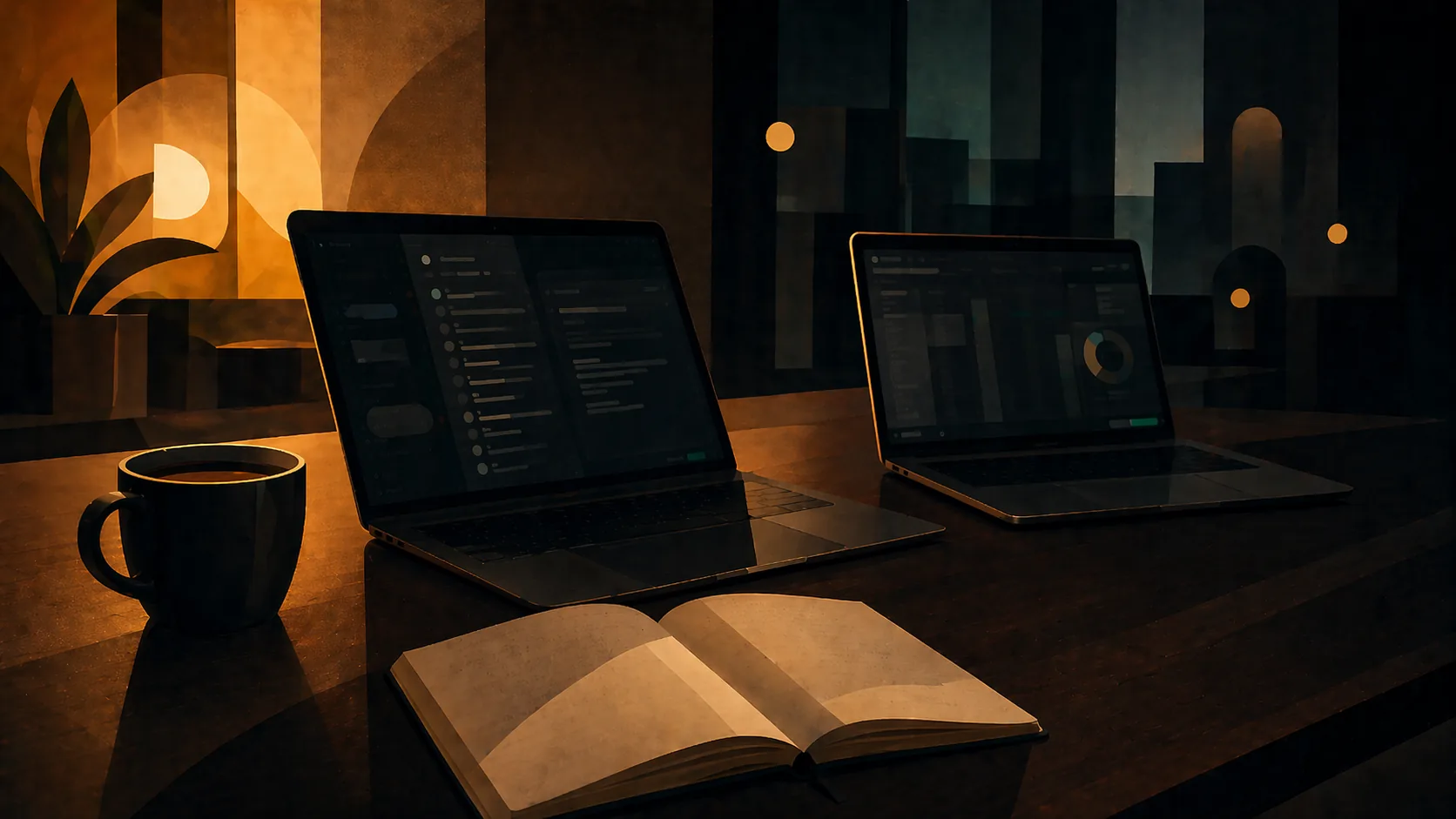 A quiet workspace with two laptops running outreach and analytics dashboards at dusk