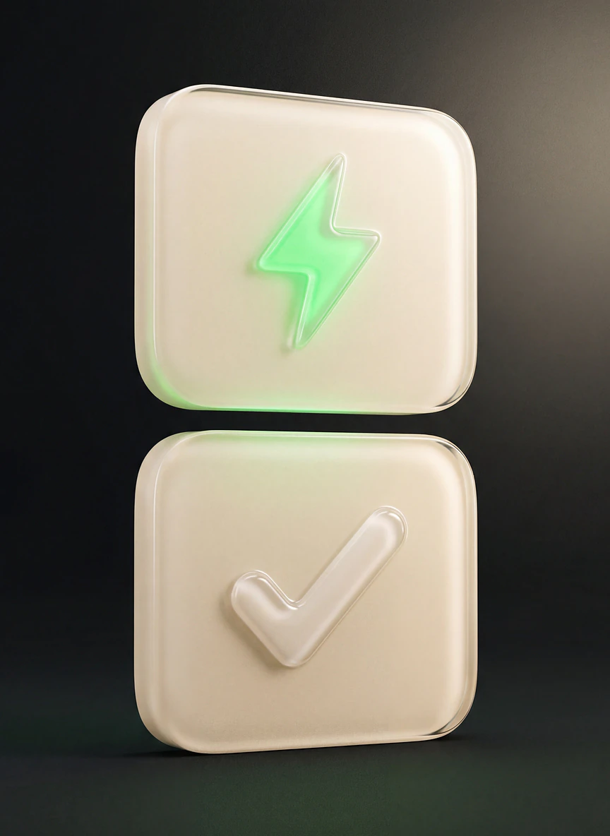 Frosted-glass storyboard: a lightning-bolt hook card stacked above a check-mark proof card