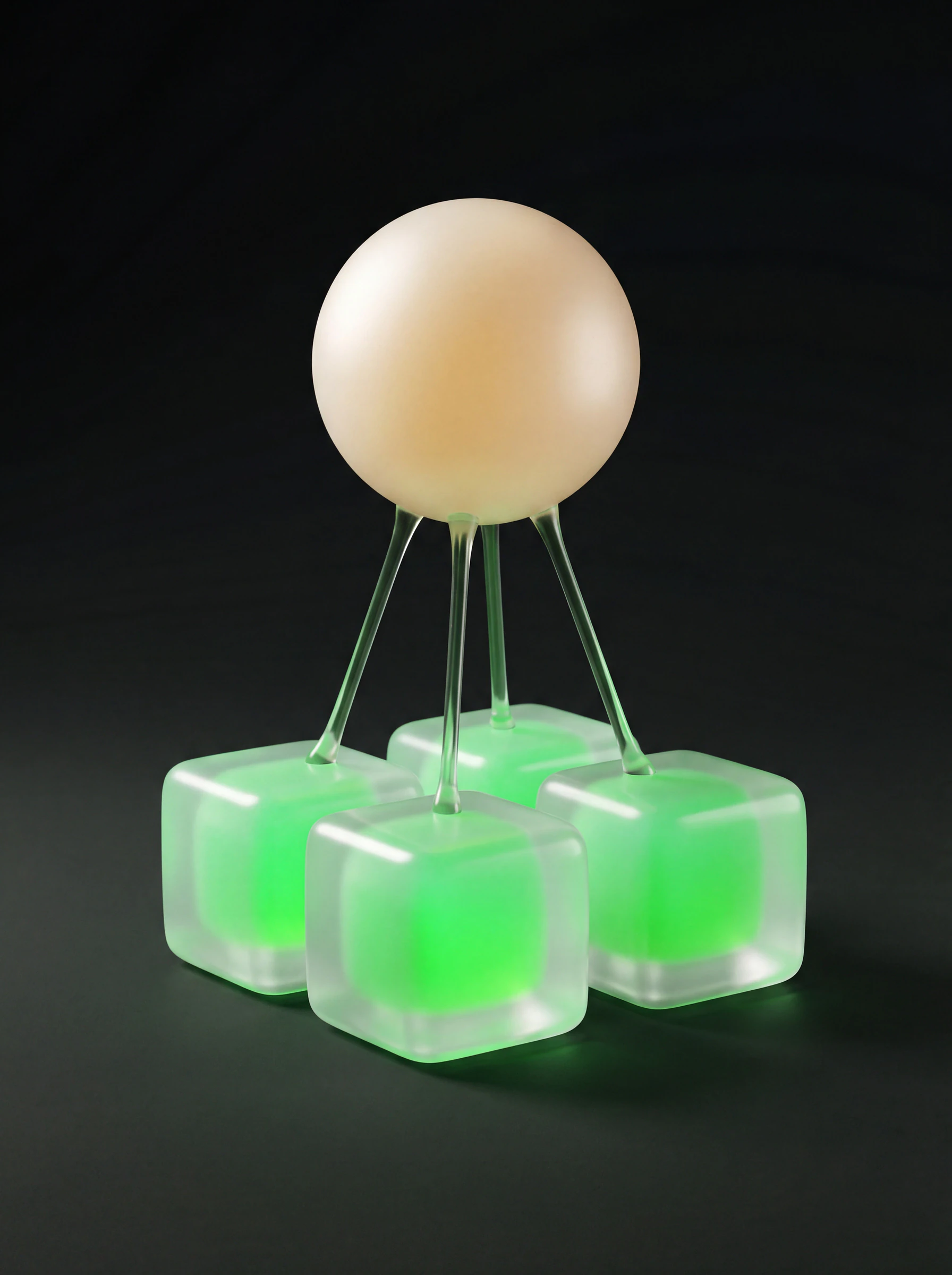 Soft 3D render of one frosted opal-glass sphere linked by thin glass rods to four signal-green liquid-glass cubes — one brand feeding four owned account roles