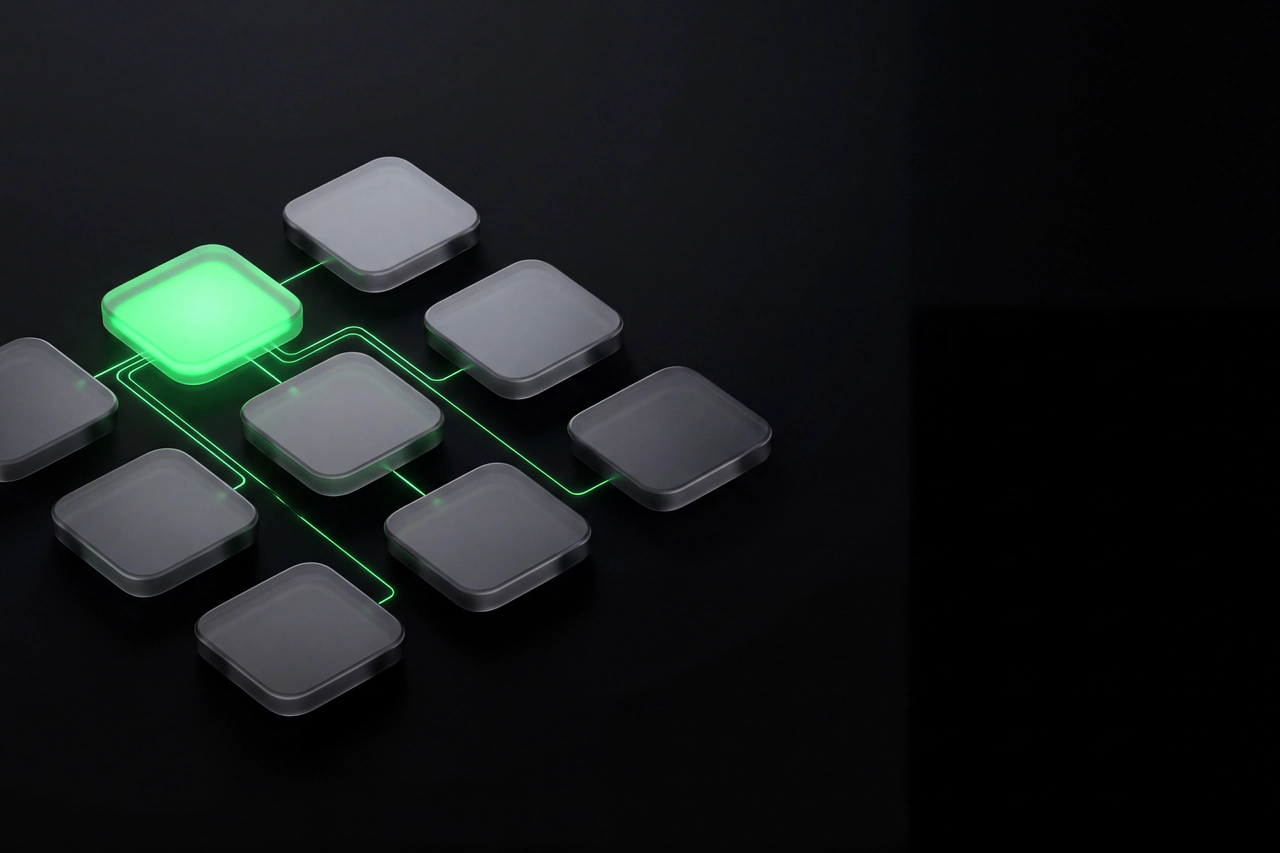 A network of graphite account nodes linked by a precise green route