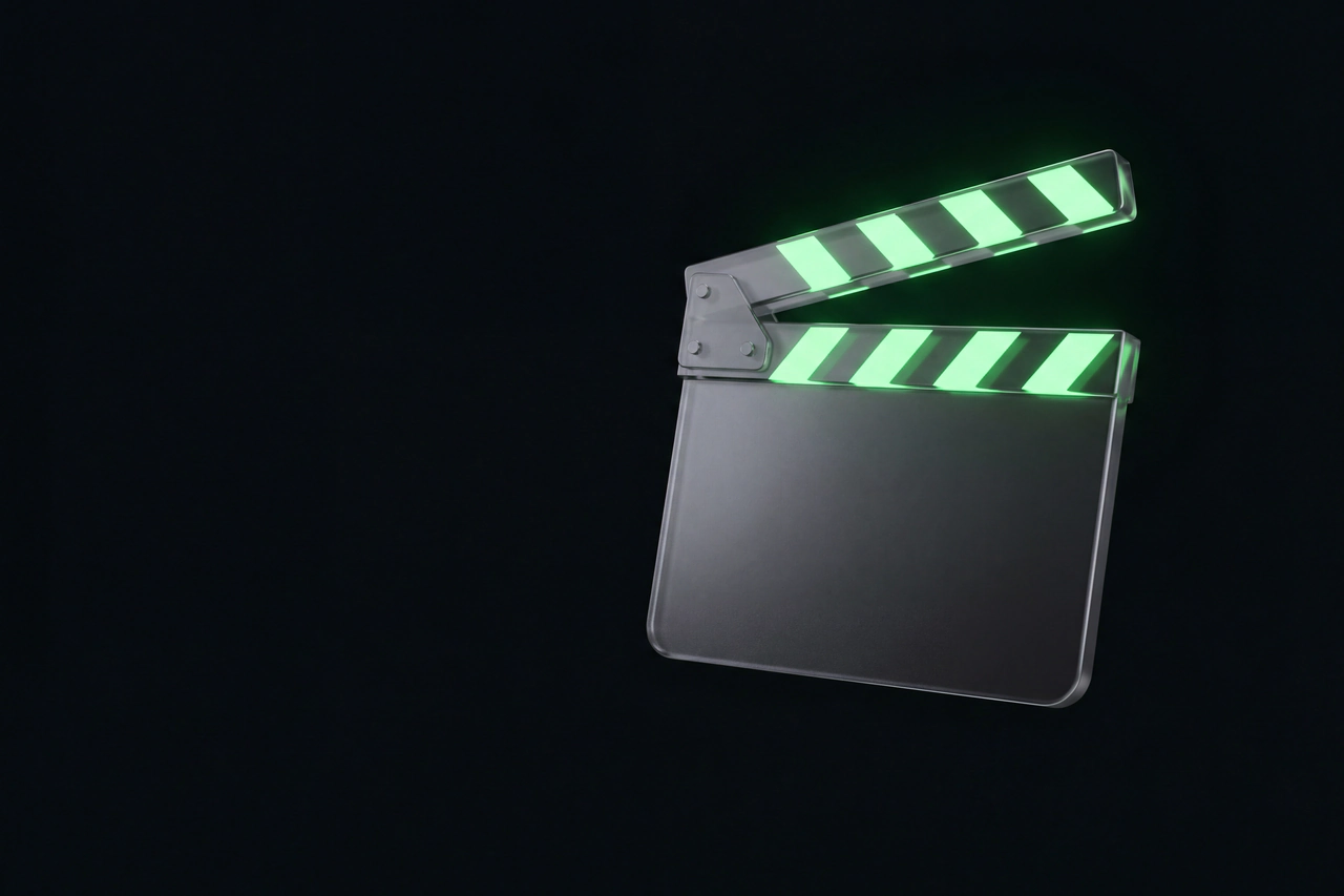 A large graphite film clapperboard with luminous green slate marks