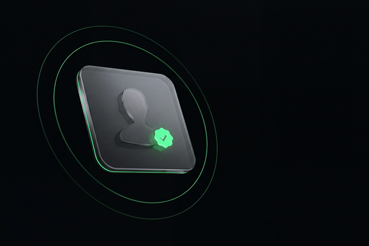 A sculpted creator profile and verified badge surrounded by fine green rings